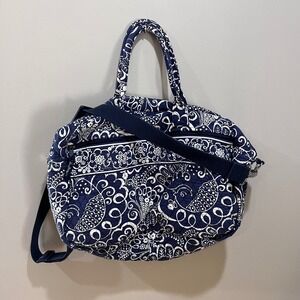 Vera Bradley Twirly Bird Navy Quilted Cotton Duffel Bag Boho Travel Weekender